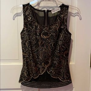 Whyte Eyelash black and gold embroidered top